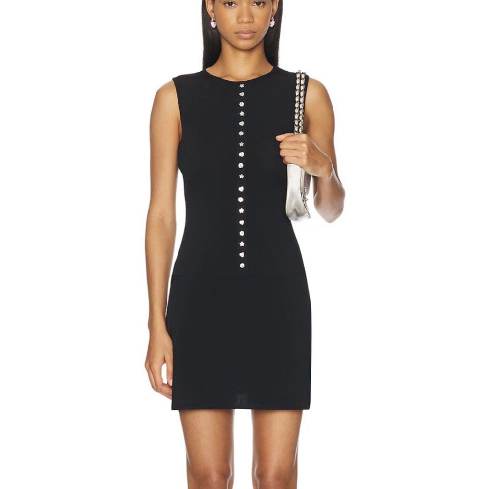 Sandy Liang Serrano Knit Black Mini Dress Mother Of Pearl Shaped Buttons S